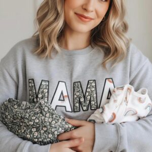 Embroidered MAMA Applique Sweatshirt Keepsake, Mother's Day gift, Birthday Swaddle Clothing Sweater for Mom's baby Blanket , Hospital Blanket